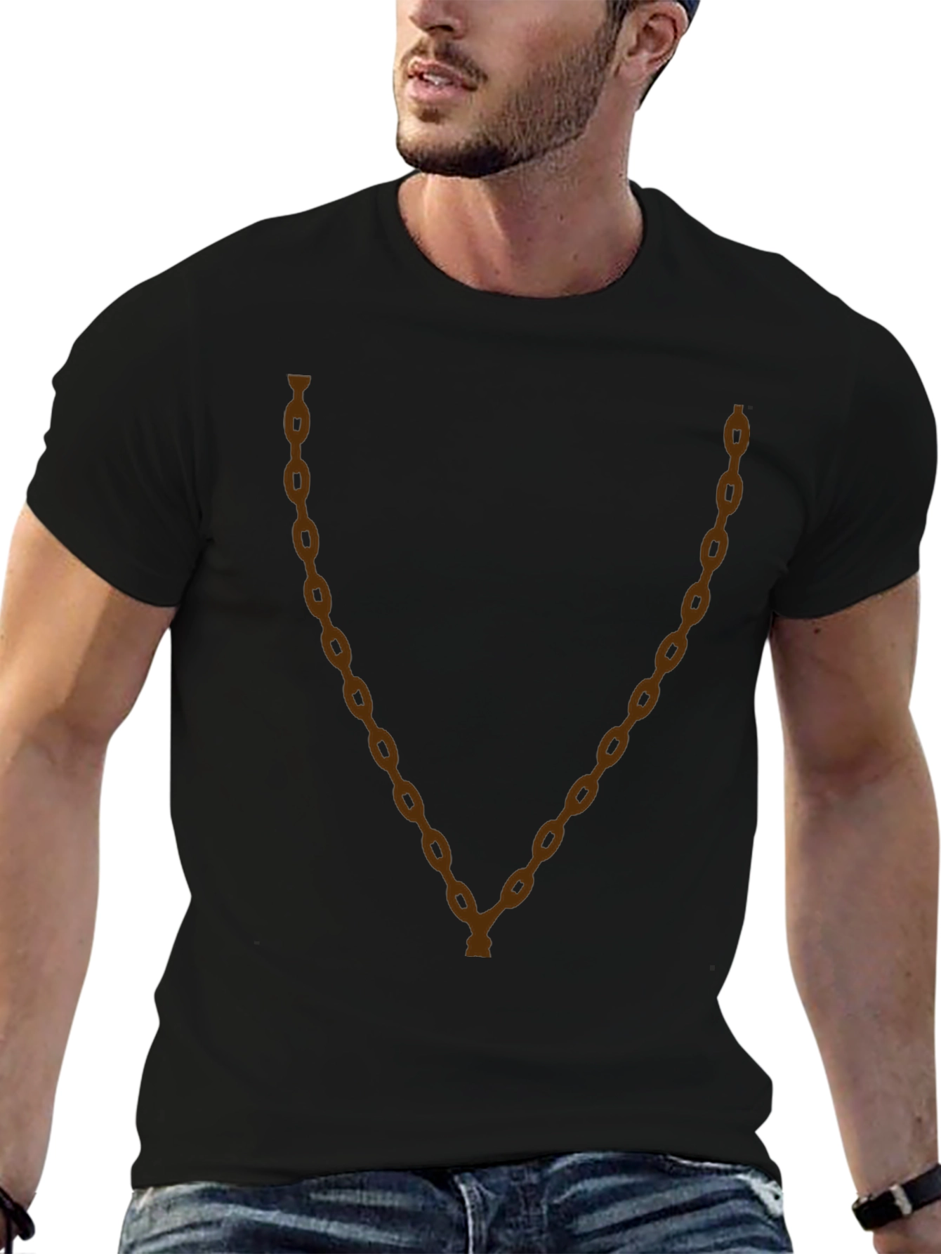 Mens Black T-Shirt with Brown Chain Print