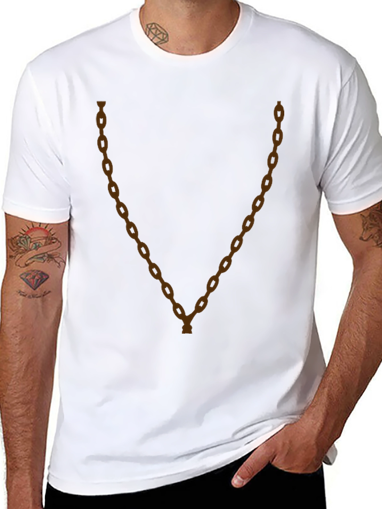 Mens Black T-Shirt with Brown Chain Print