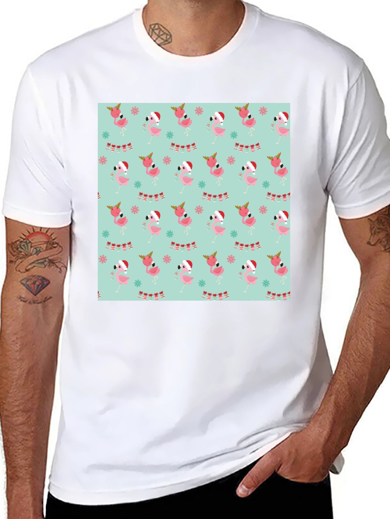 Festive Flamingo Christmas Pattern T-Shirt