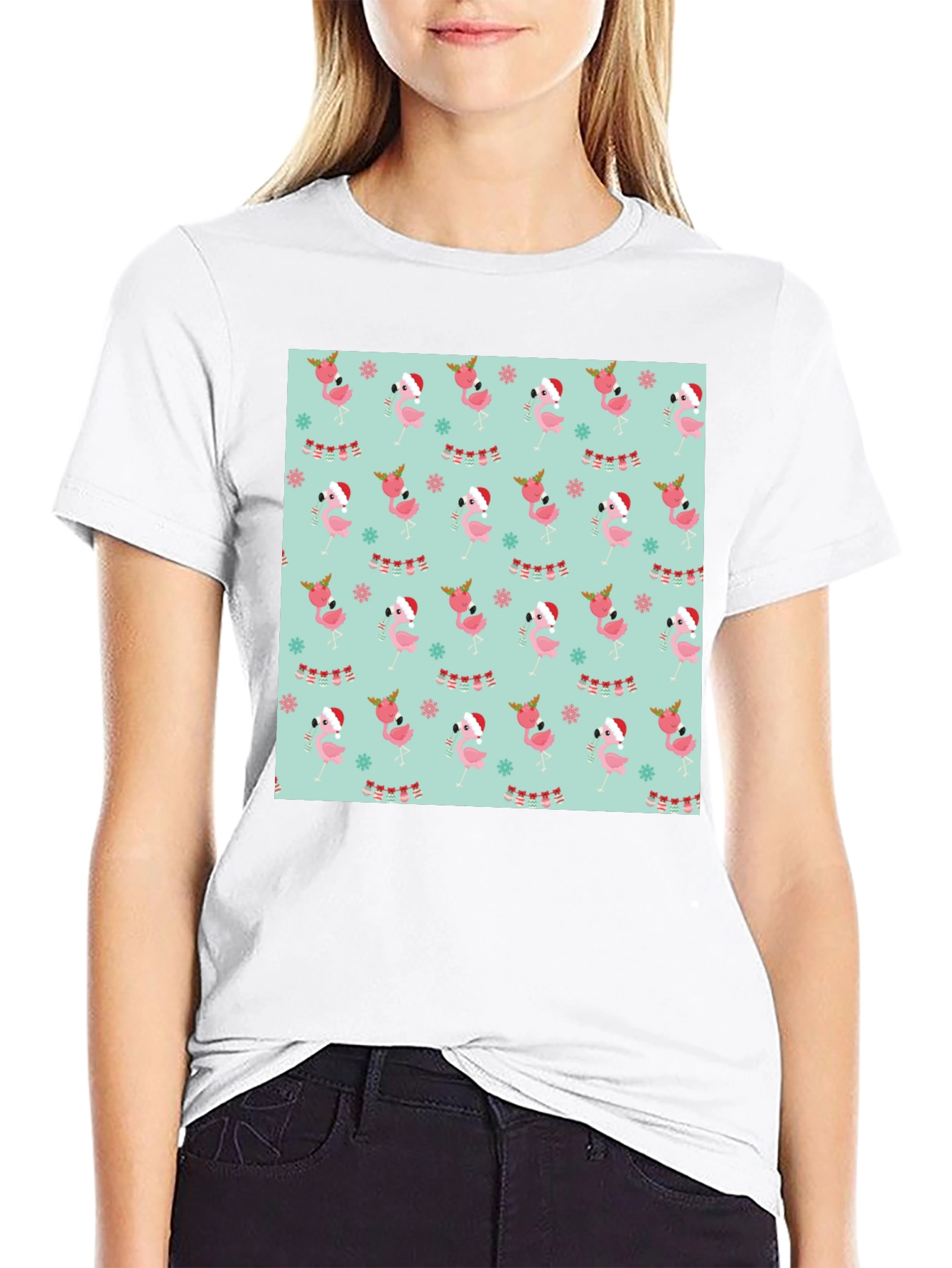 Festive Flamingo Christmas Pattern T-Shirt