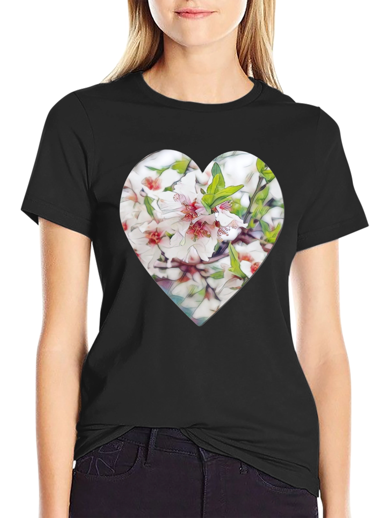 Heart Floral Graphic Tee - Stylish Black T-Shirt