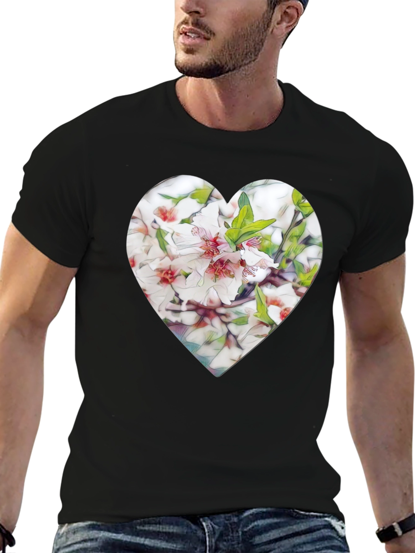 Heart Floral Graphic Tee - Stylish Black T-Shirt
