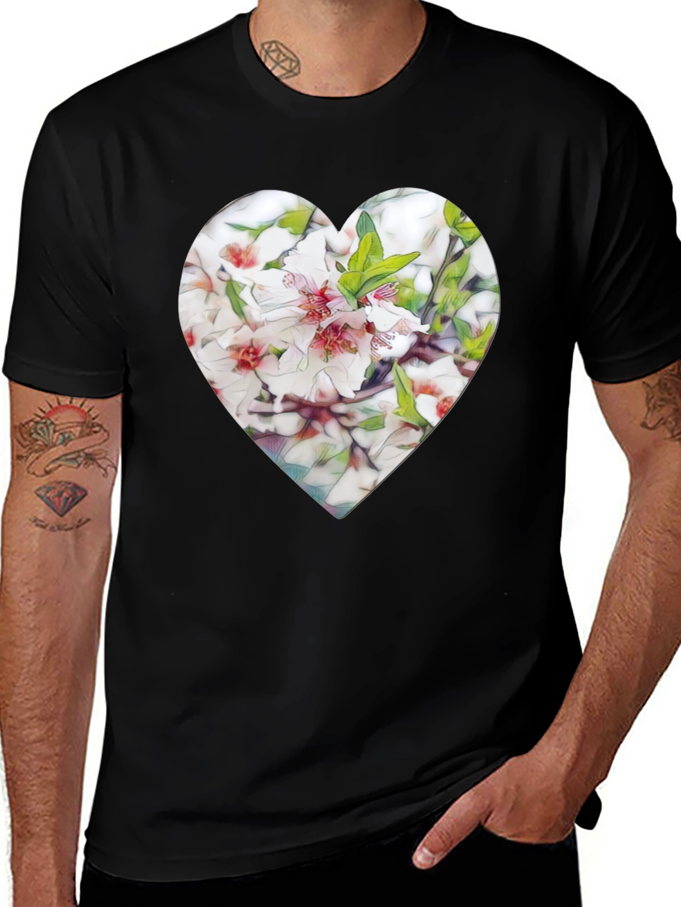 Heart Floral Graphic Tee - Stylish Black T-Shirt
