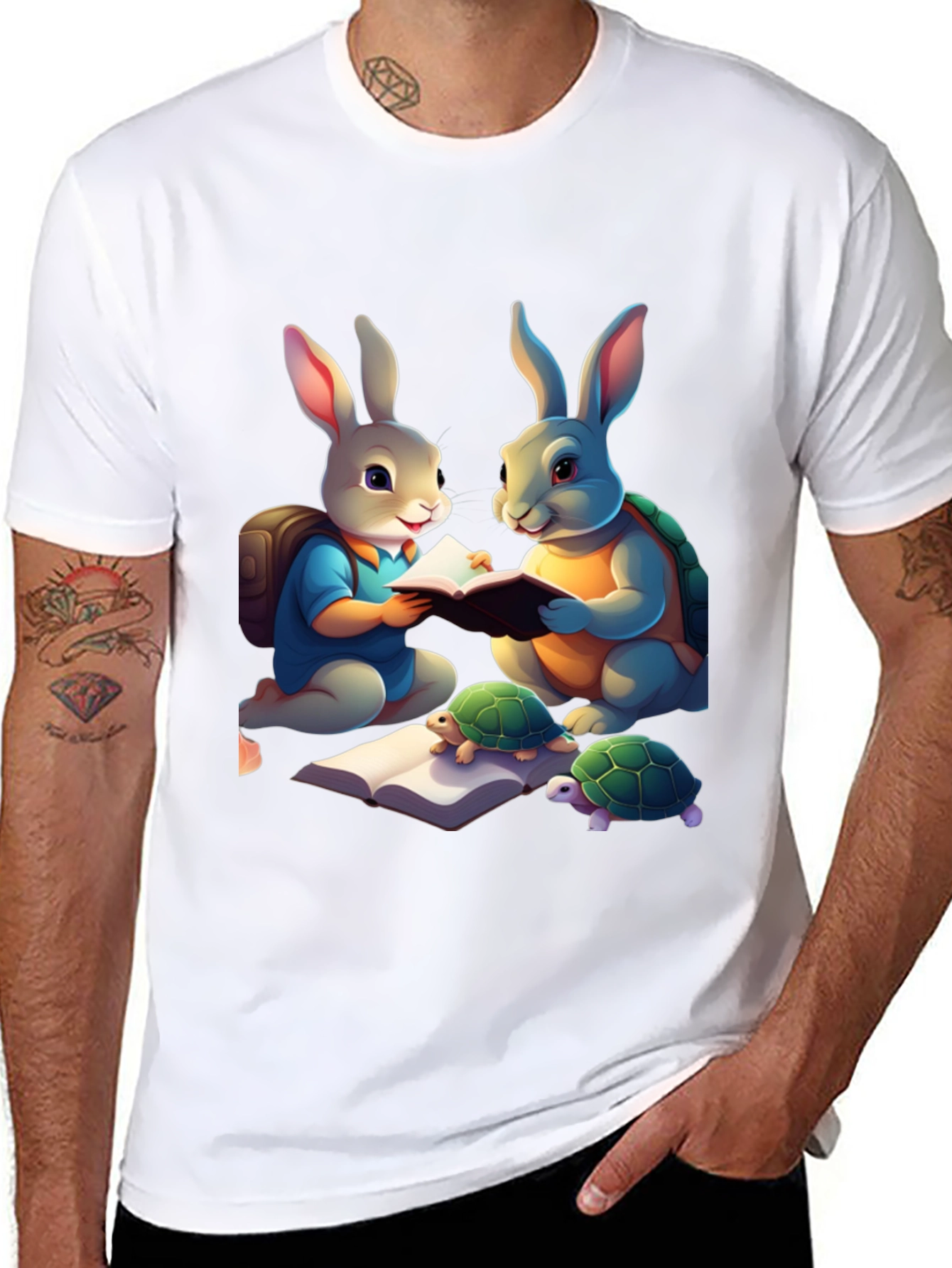Rabbit and Turtle Reading Book T-Shirt