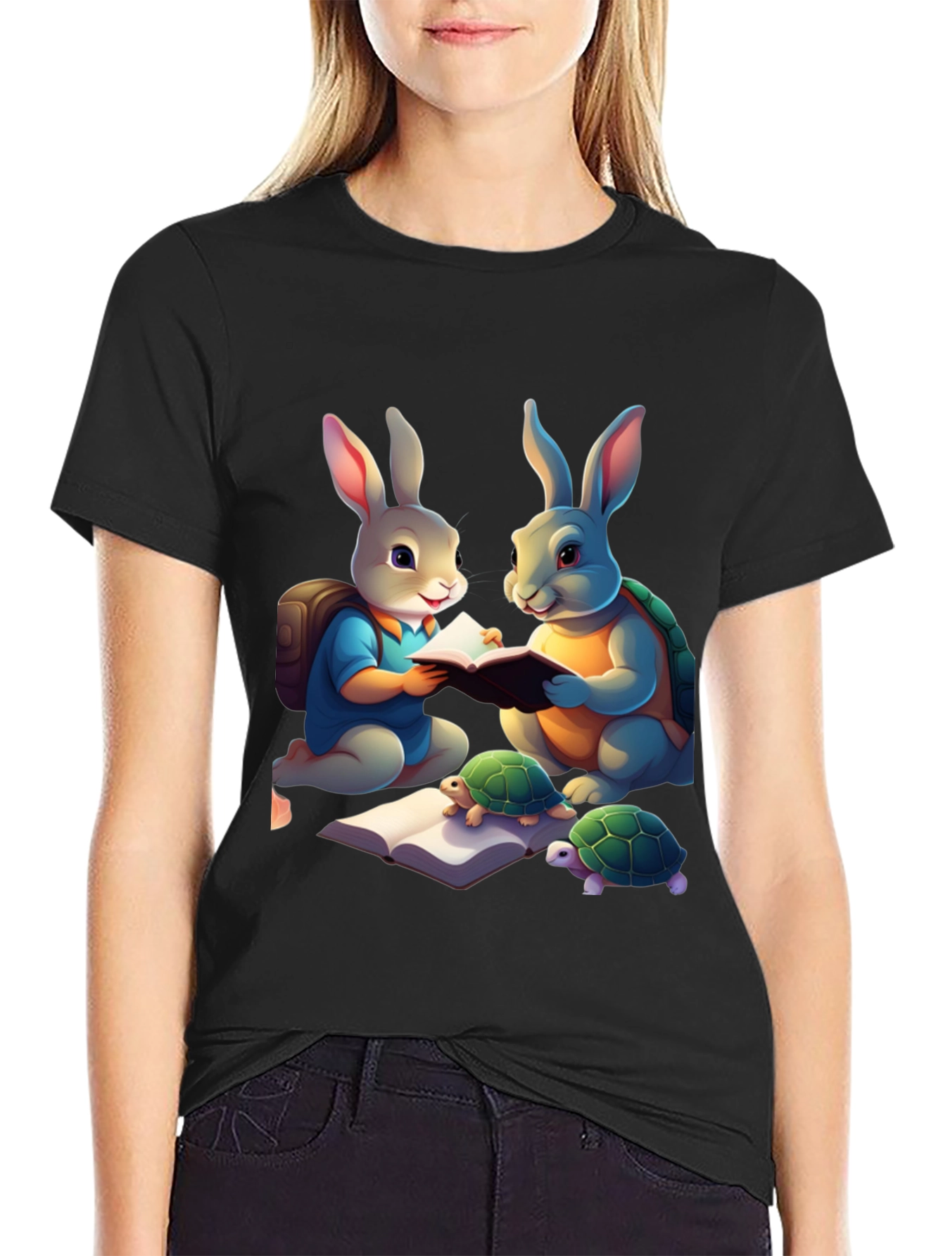 Rabbit and Turtle Reading Book T-Shirt