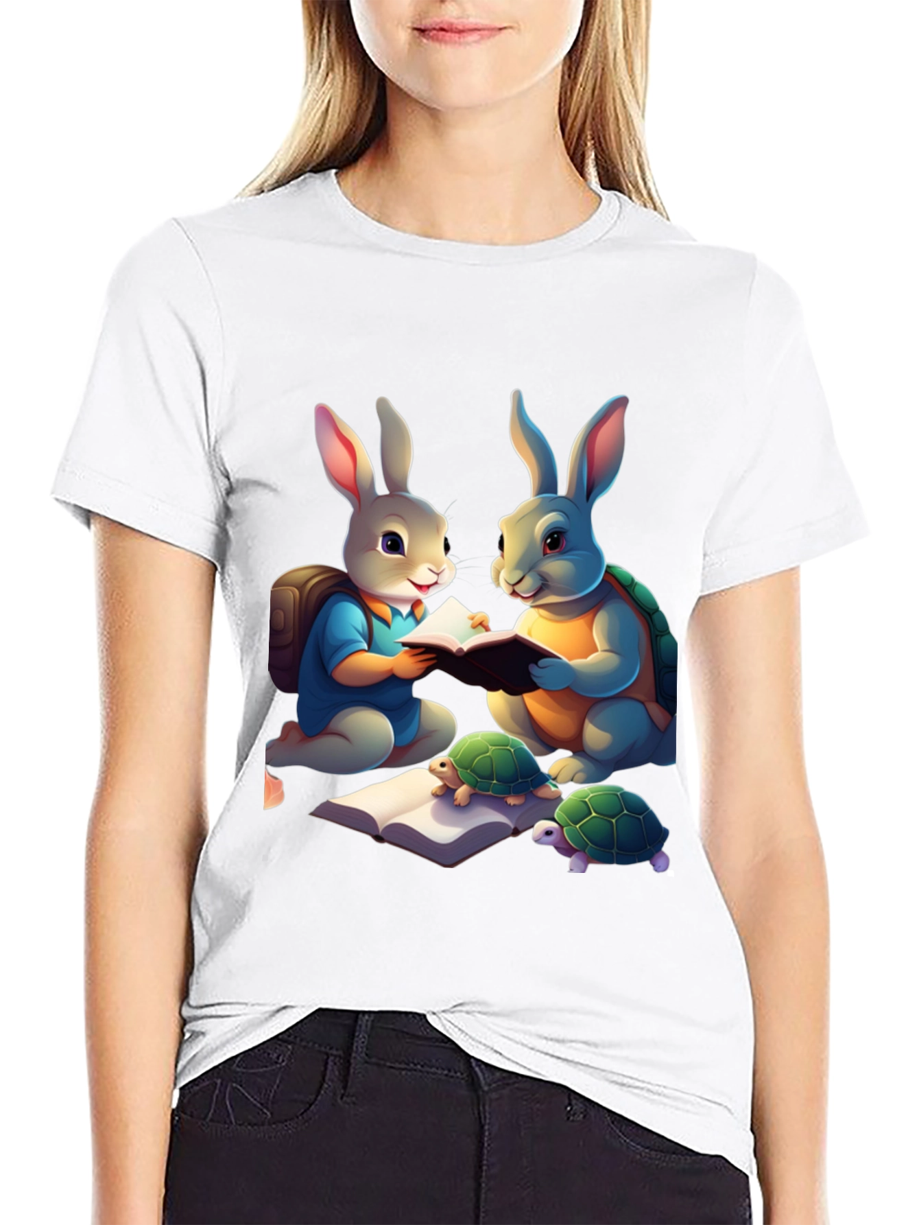 Rabbit and Turtle Reading Book T-Shirt