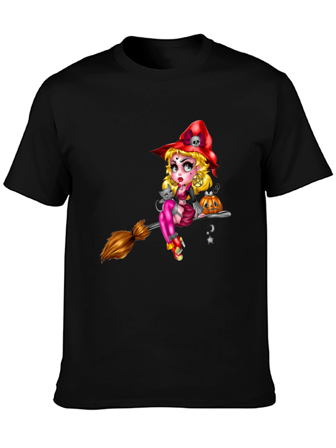 Witch on Broom Black T-Shirt - Halloween Graphic Tee