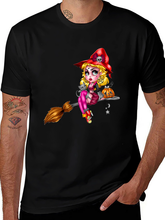 Witch on Broom Black T-Shirt - Halloween Graphic Tee