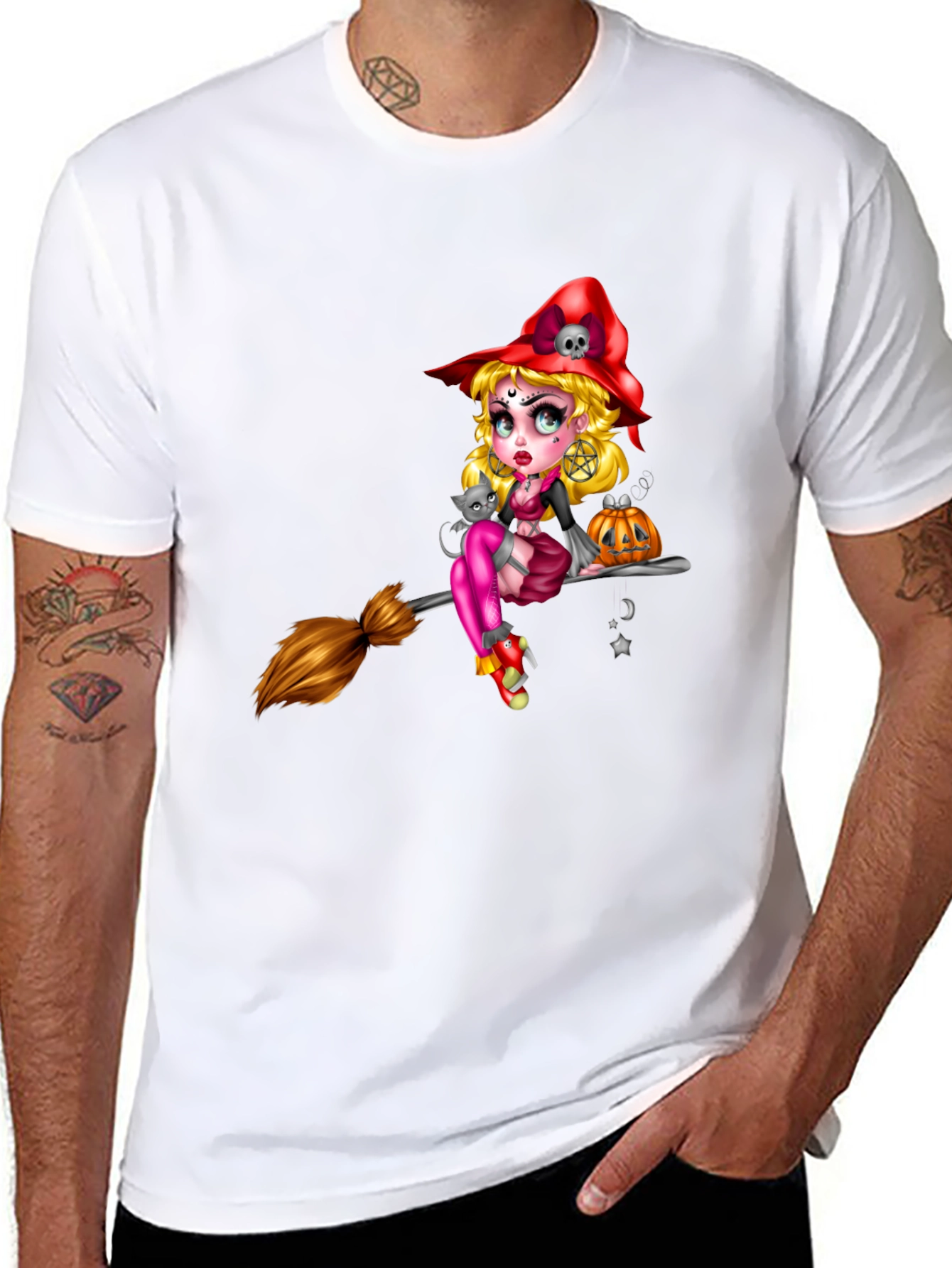 Witch on Broom Black T-Shirt - Halloween Graphic Tee