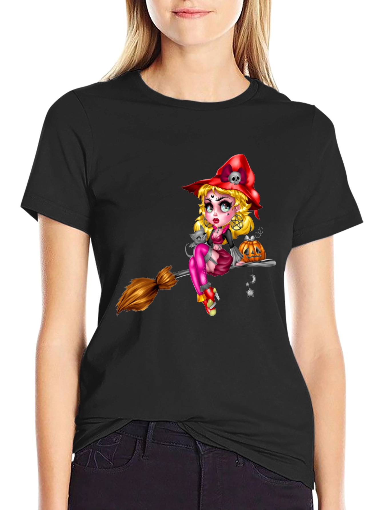 Witch on Broom Black T-Shirt - Halloween Graphic Tee