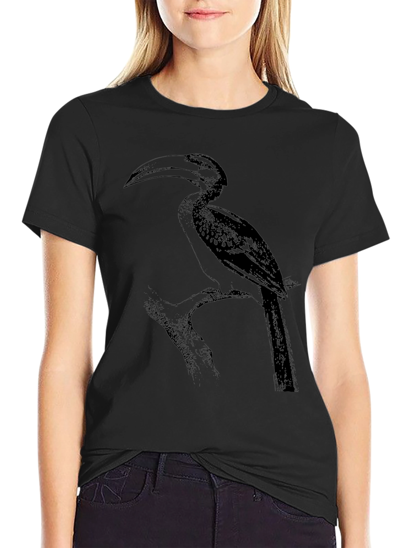 Hornbill Bird Print Black T-Shirt