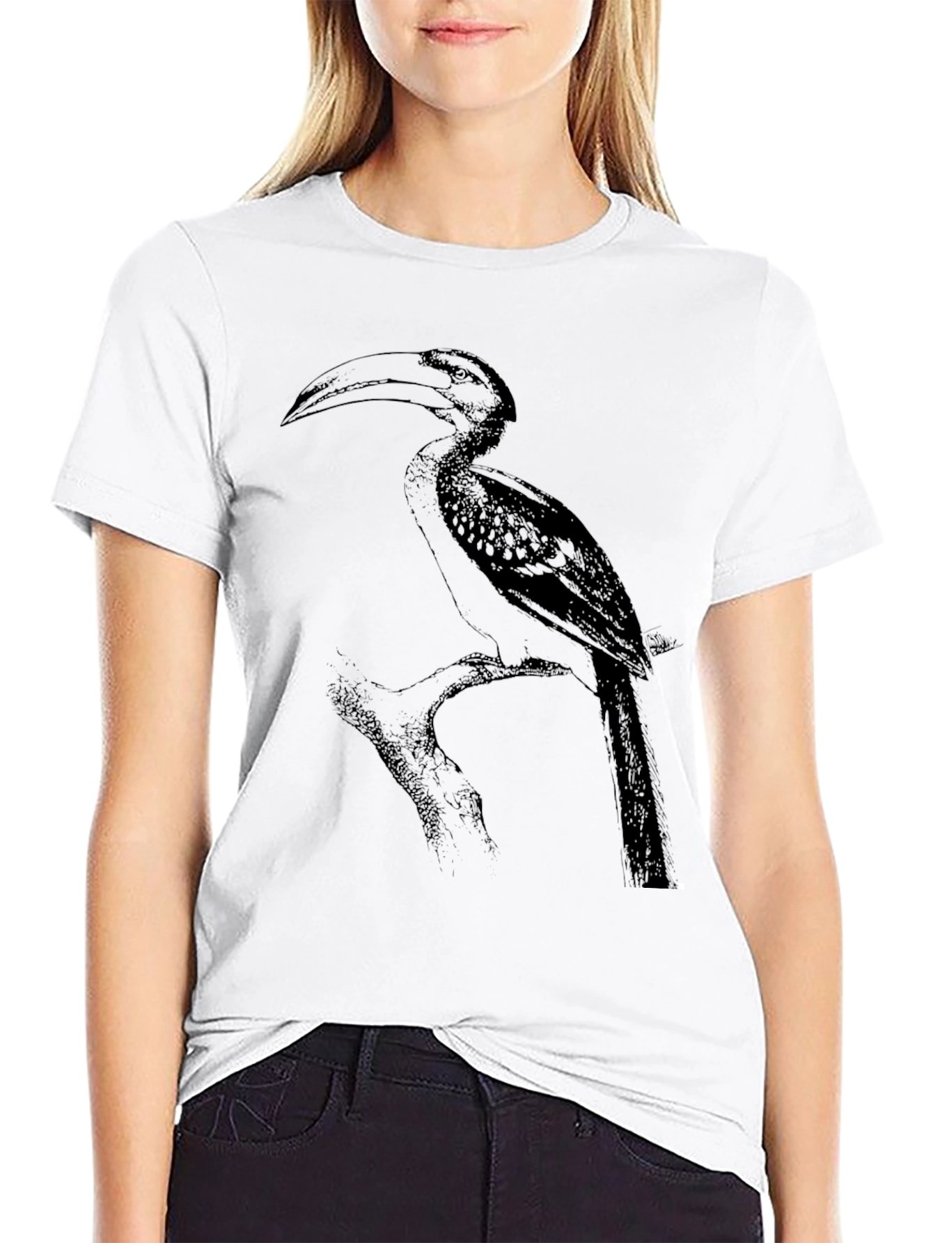Hornbill Bird Print Black T-Shirt