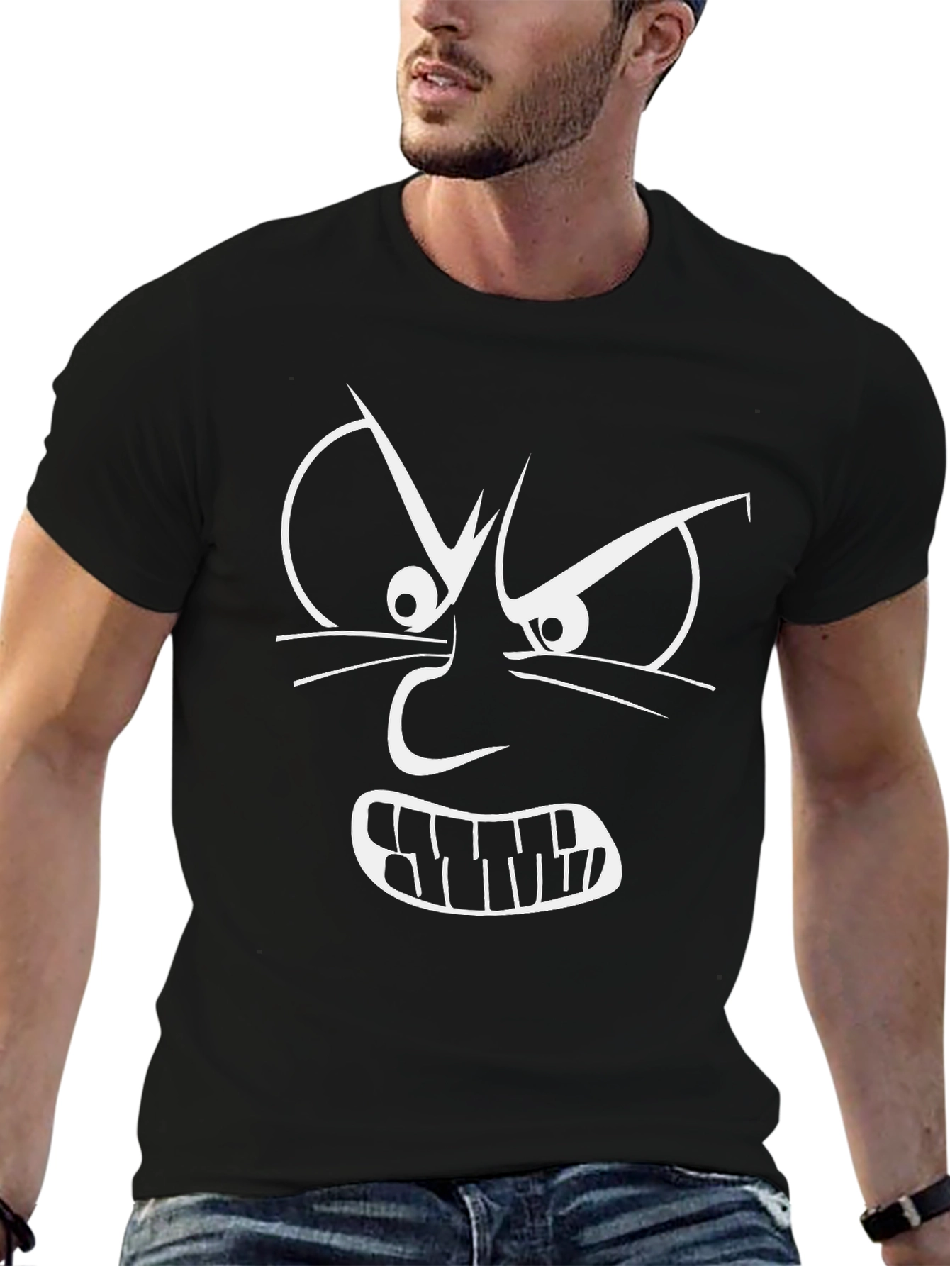 Angry Face Graphic Tee - Black Cotton T-Shirt