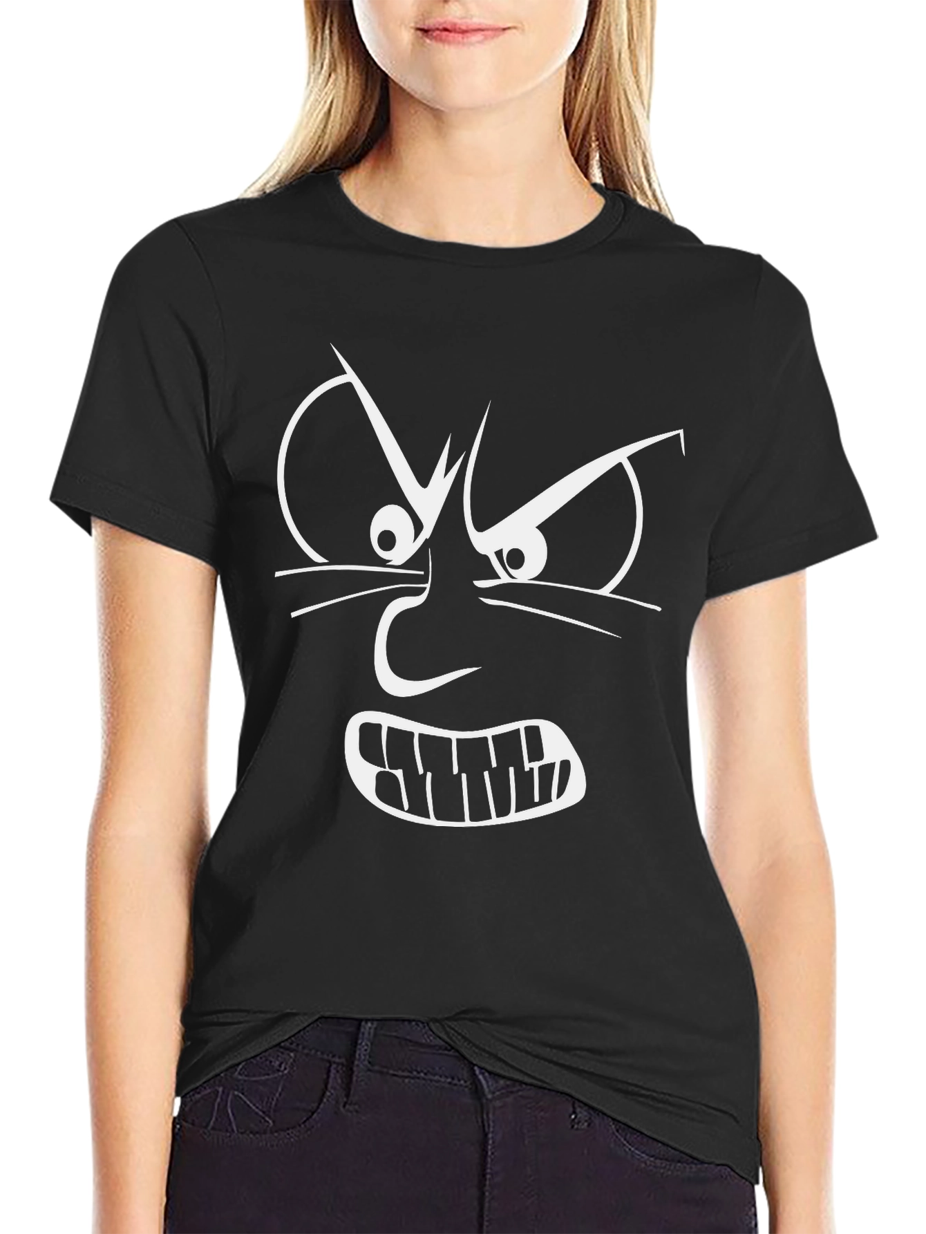 Angry Face Graphic Tee - Black Cotton T-Shirt
