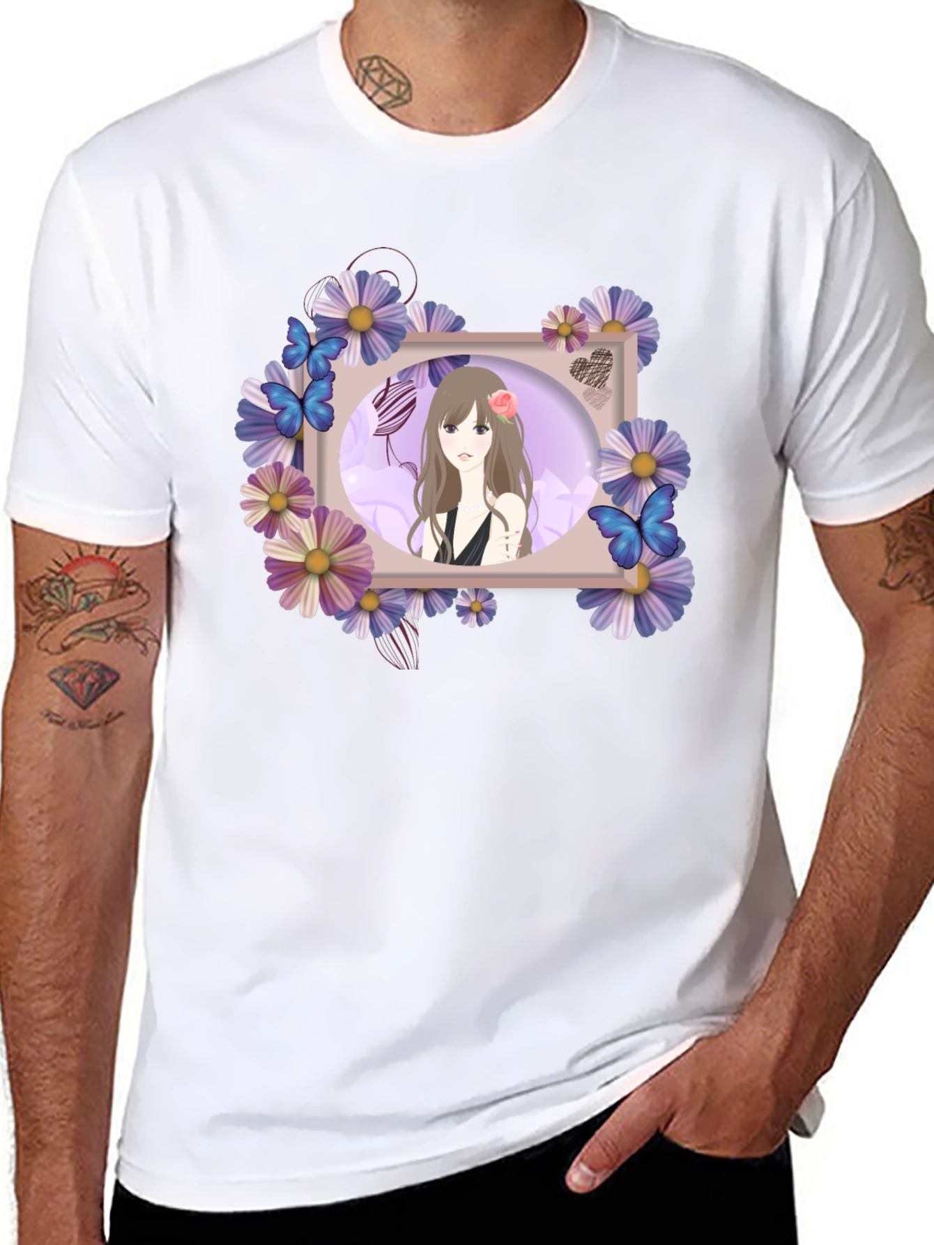 Anime Girl Floral Frame Black T-Shirt