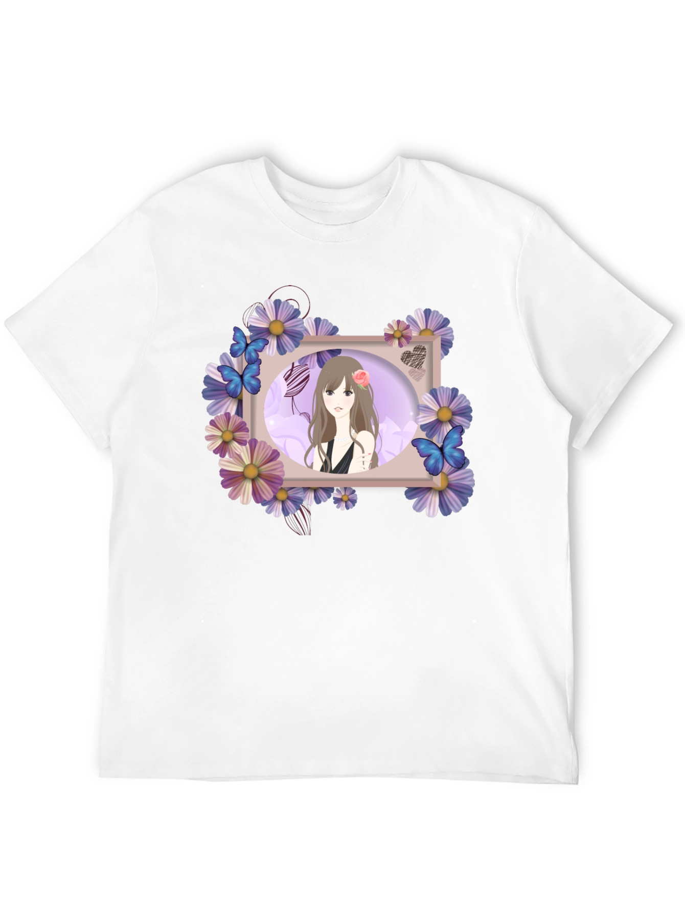 Anime Girl Floral Frame Black T-Shirt