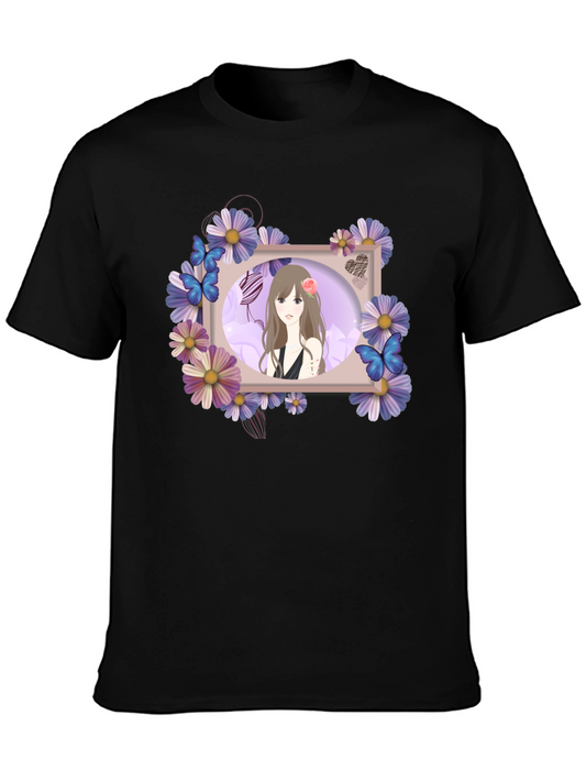 Anime Girl Floral Frame Black T-Shirt