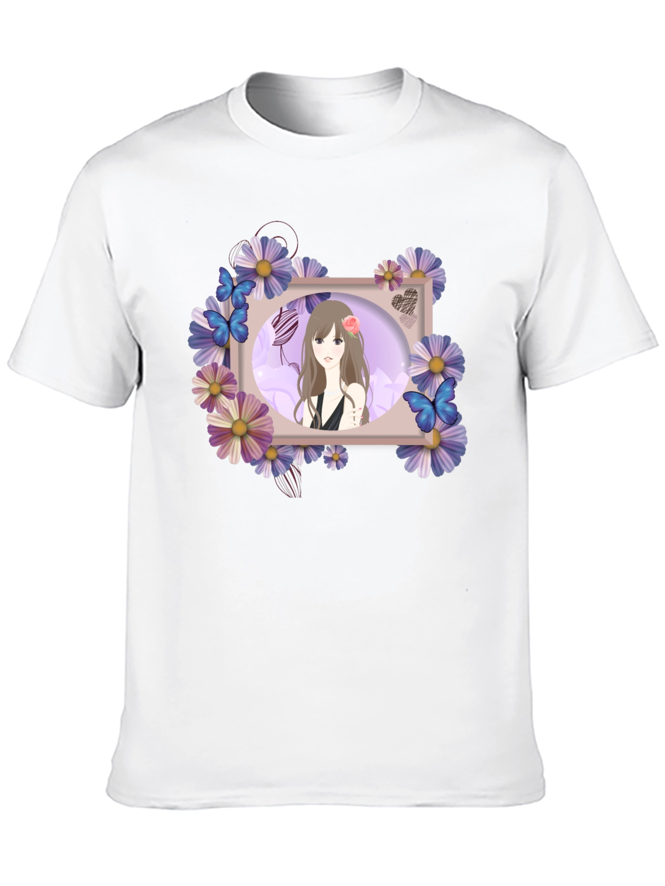 Anime Girl Floral Frame Black T-Shirt