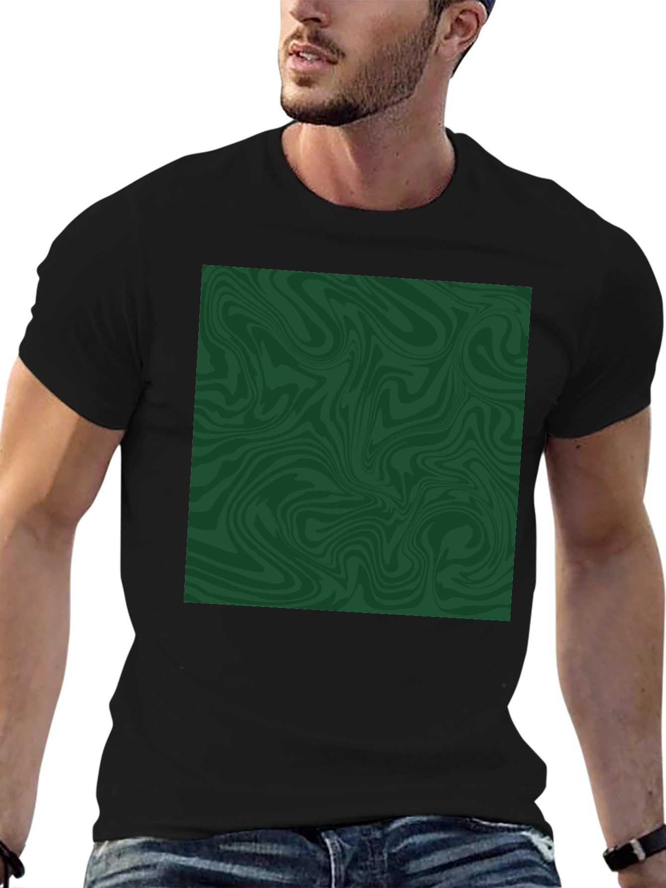 Abstract Green Swirl Graphic Tee - Black