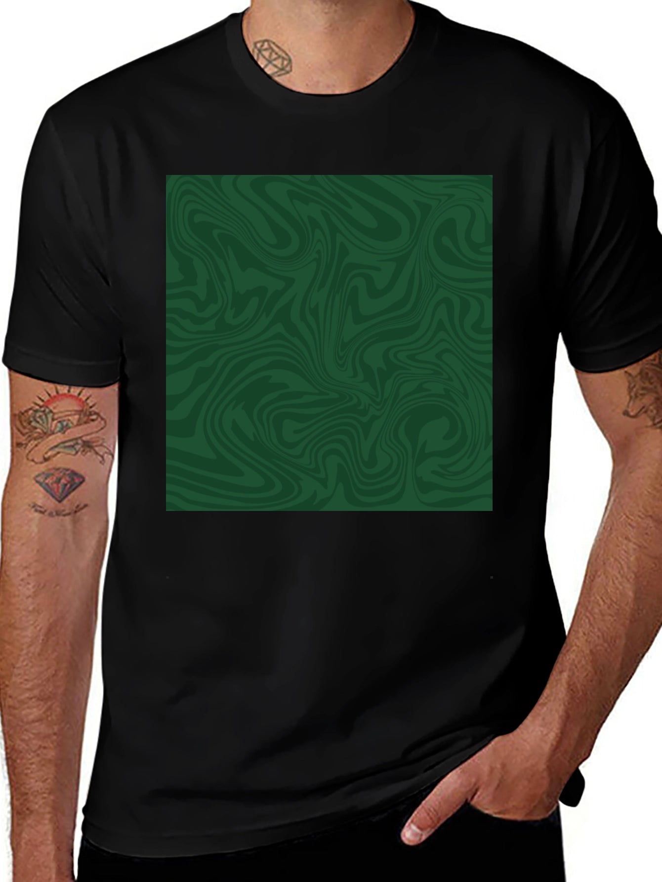 Abstract Green Swirl Graphic Tee - Black