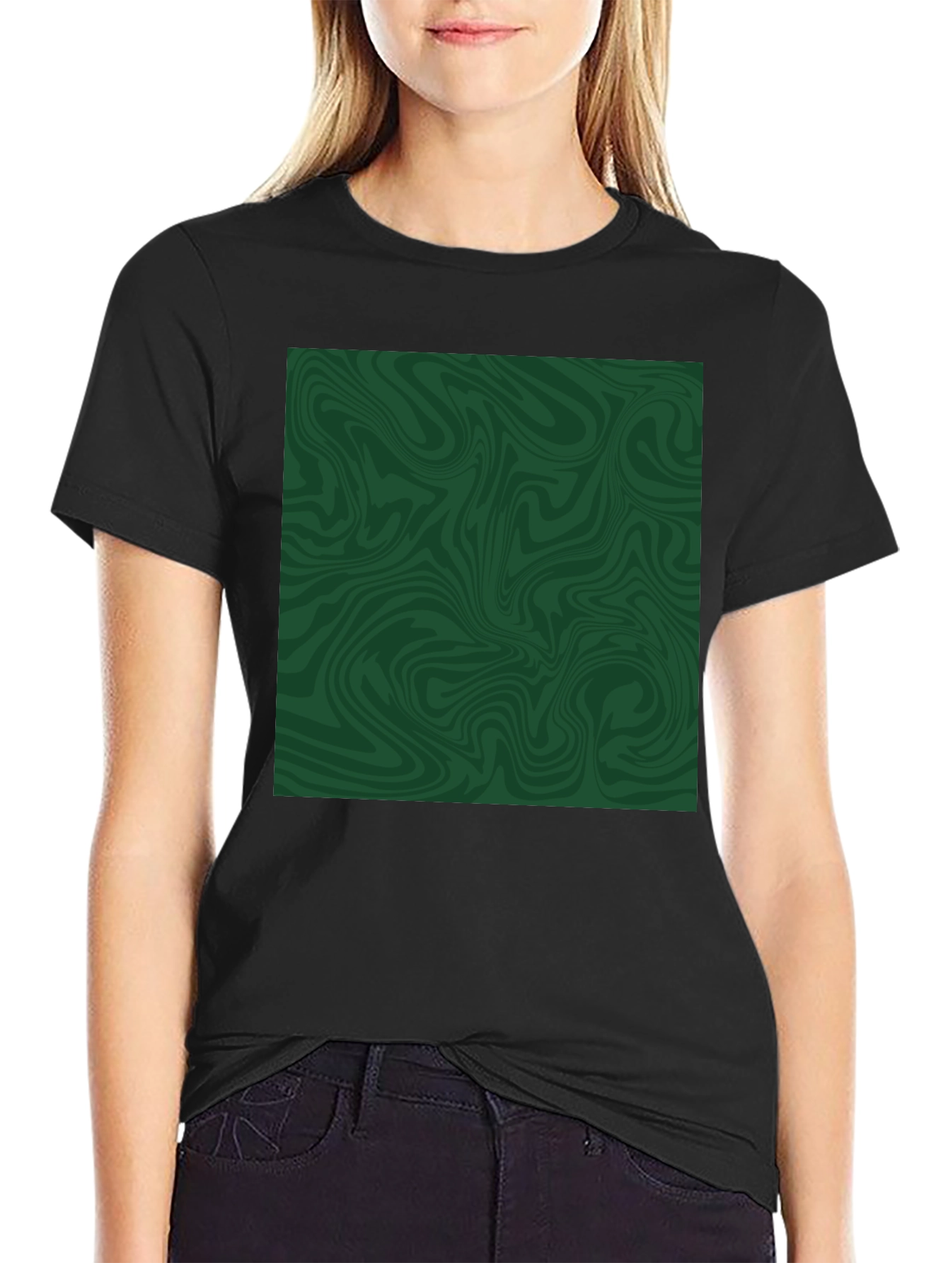 Abstract Green Swirl Graphic Tee - Black
