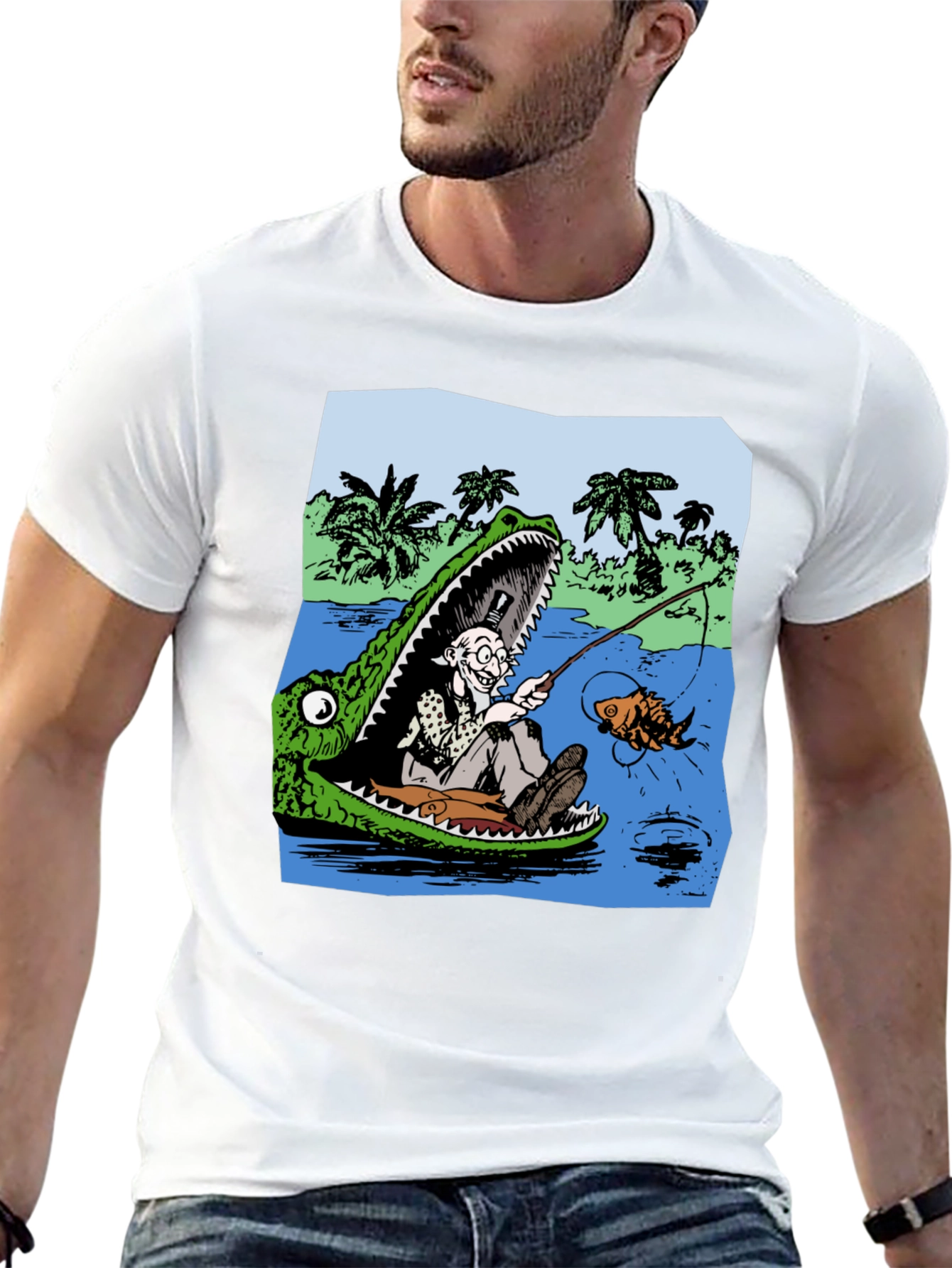 Gator Fishing T-Shirt - Unique Cartoon Graphic Tee