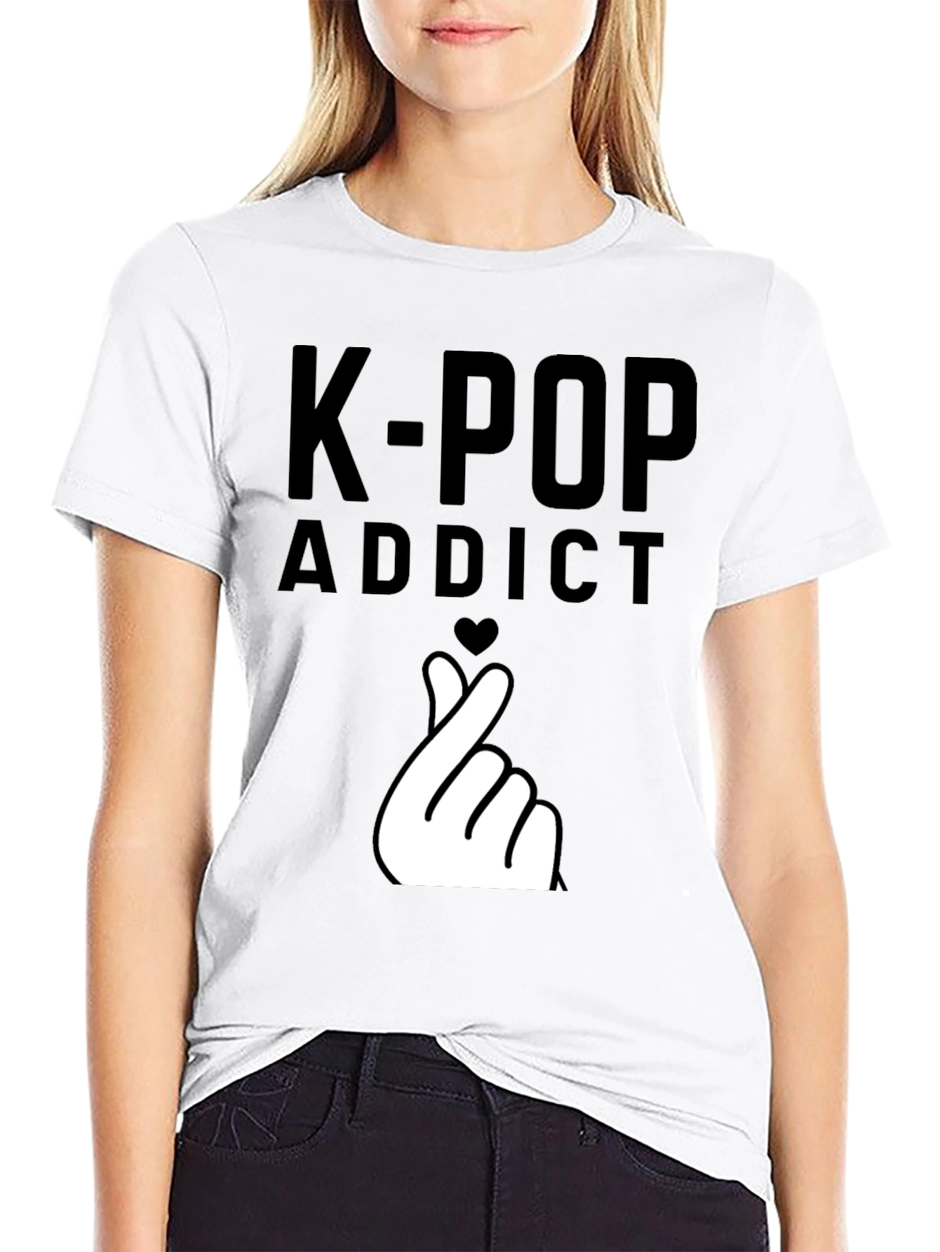 K-Pop Addict Black T-Shirt with Finger Heart Design