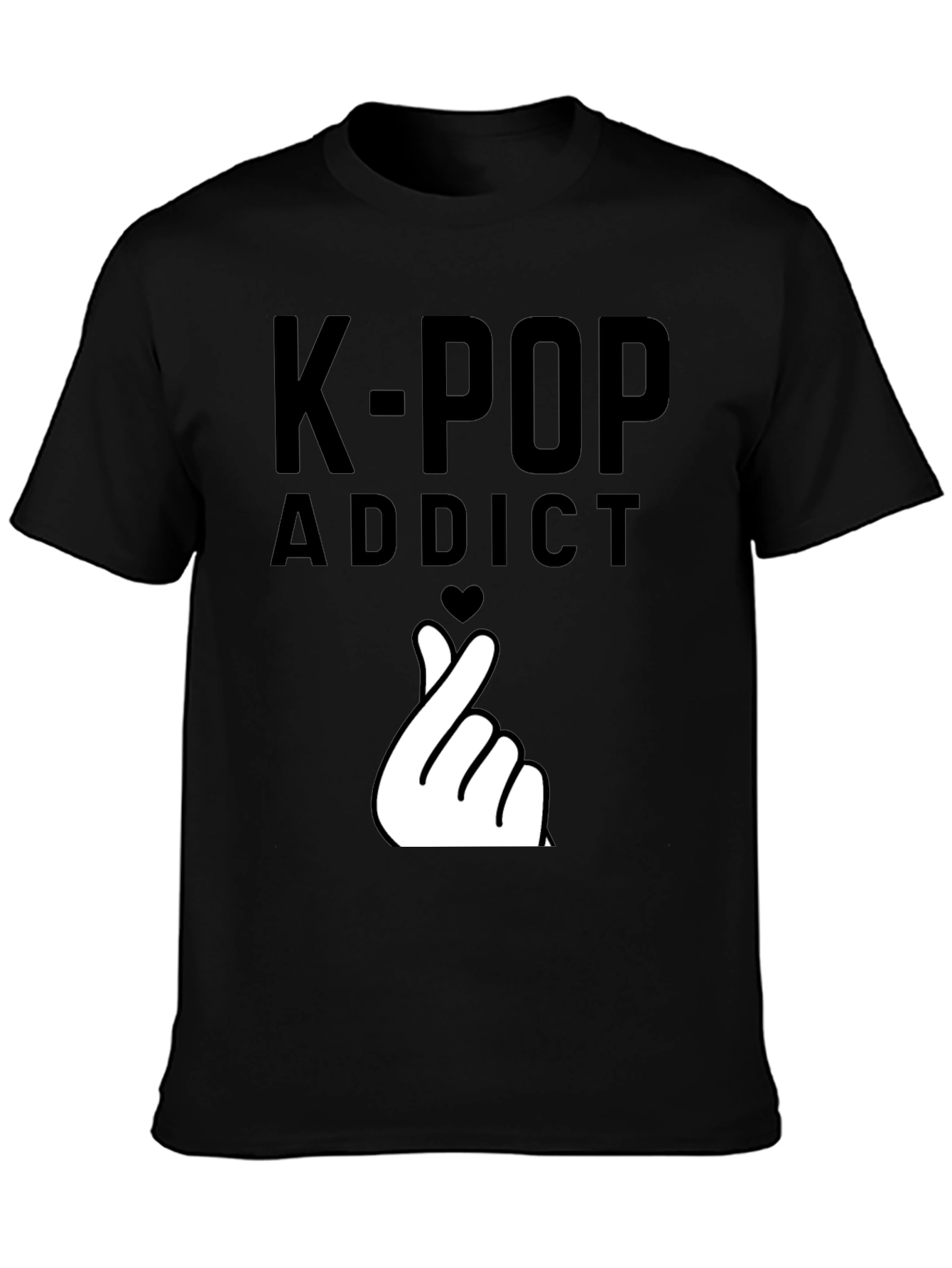 K-Pop Addict Black T-Shirt with Finger Heart Design