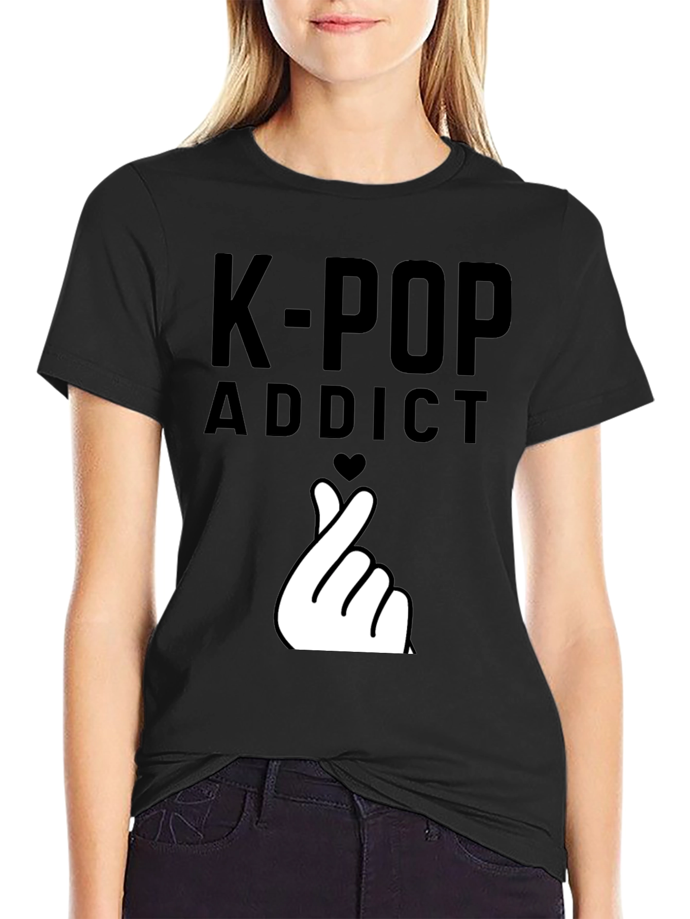 K-Pop Addict Black T-Shirt with Finger Heart Design