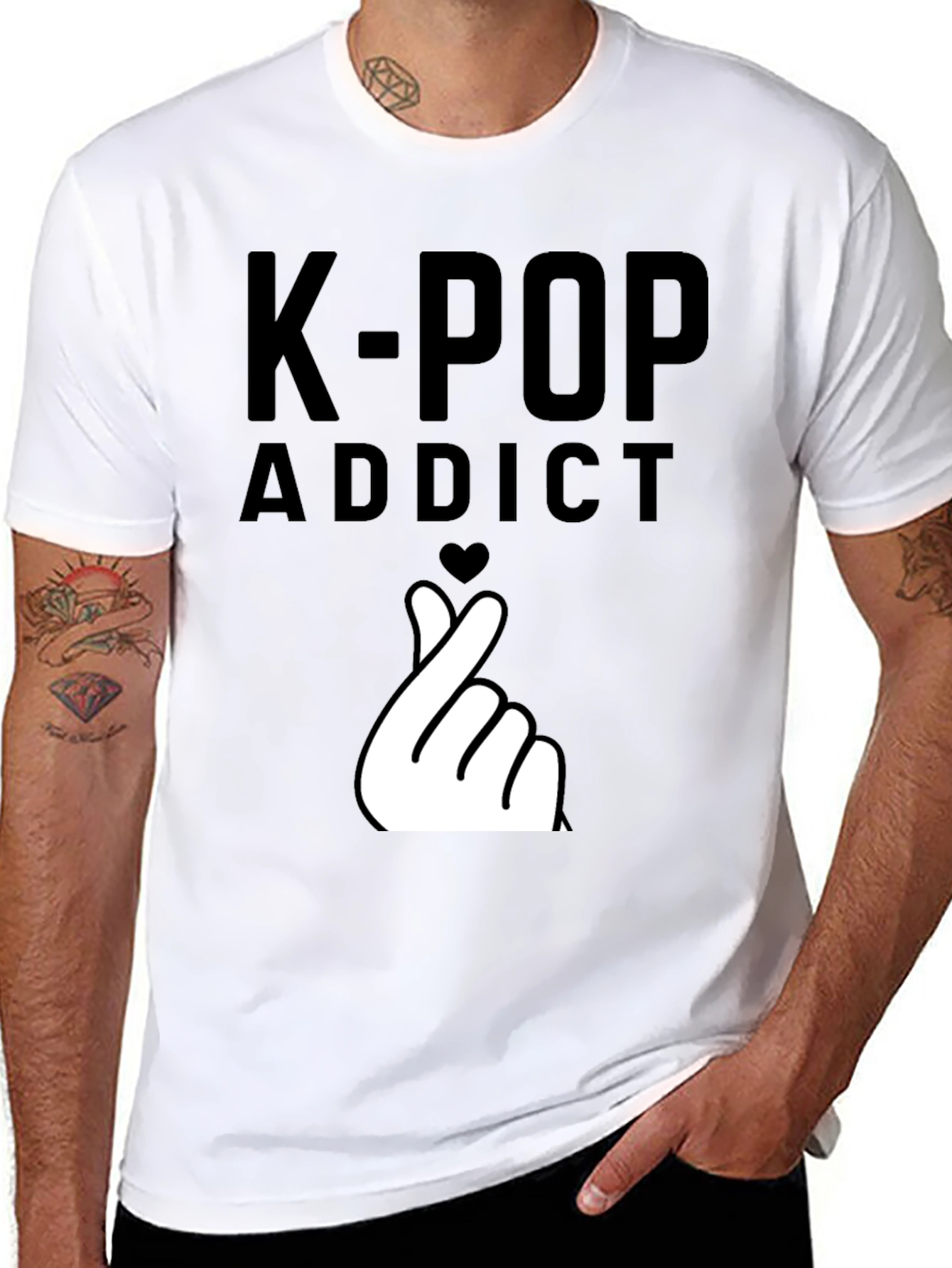 K-Pop Addict Black T-Shirt with Finger Heart Design
