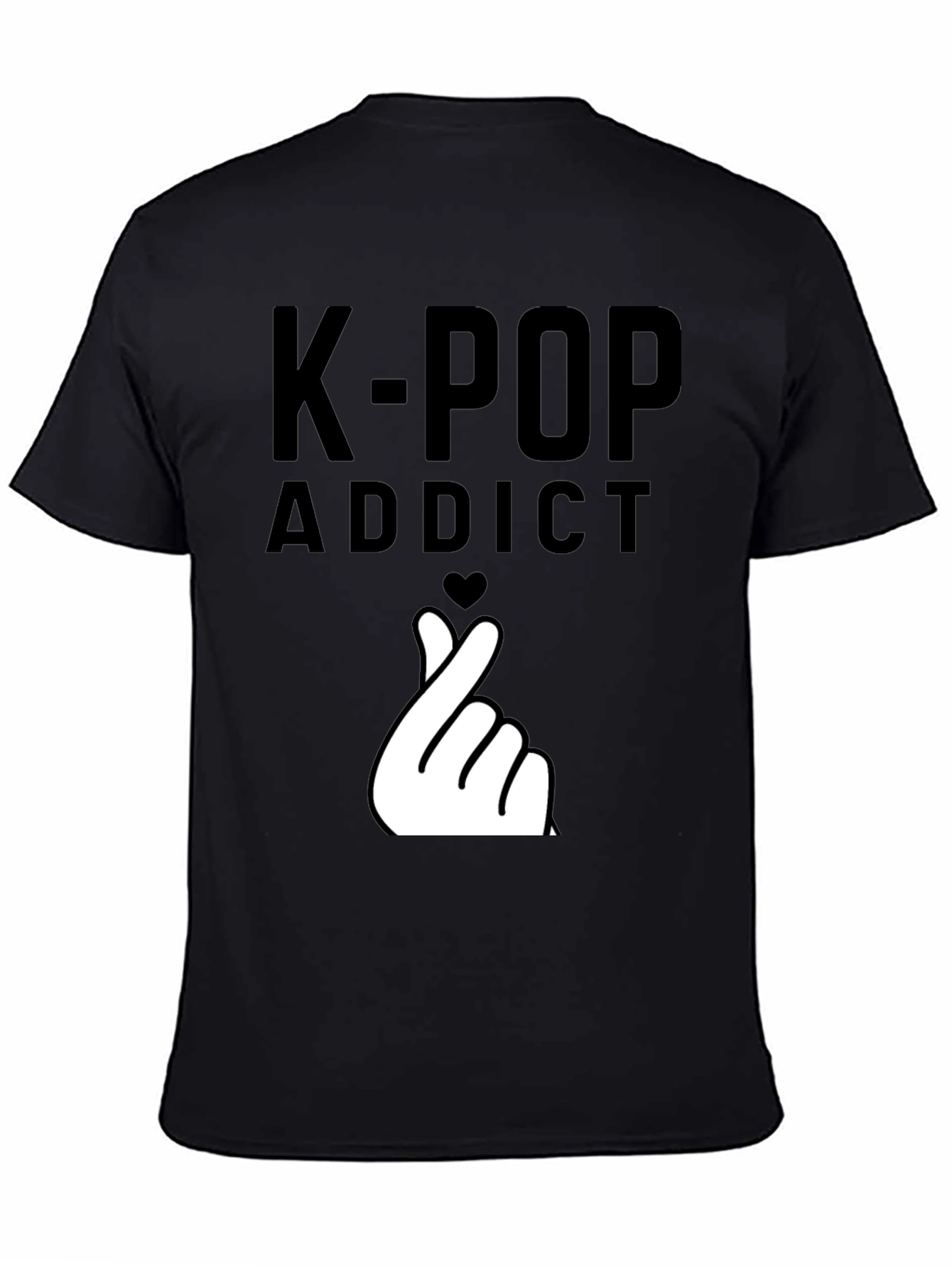 K-Pop Addict Black T-Shirt with Finger Heart Design