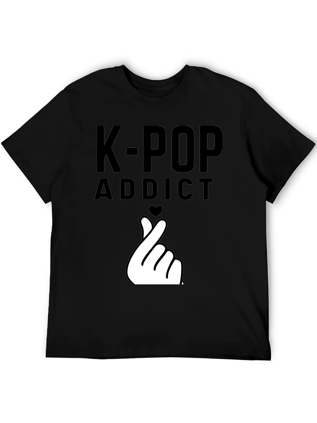 K-Pop Addict Black T-Shirt with Finger Heart Design