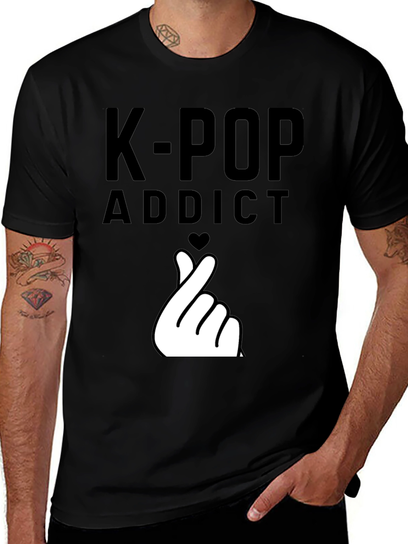 K-Pop Addict Black T-Shirt with Finger Heart Design