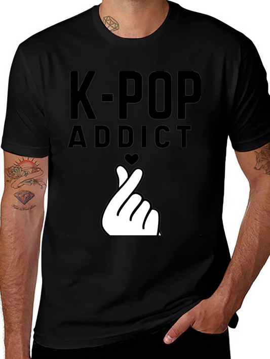 K-Pop Addict Black T-Shirt with Finger Heart Design