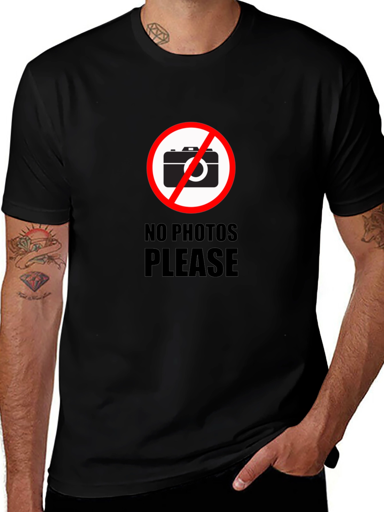 No Photos Please Graphic T-Shirt - Stylish Black Tee