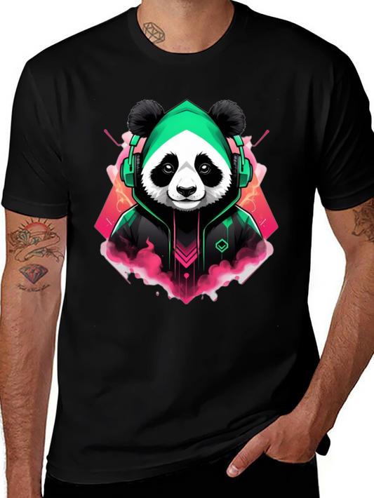 Cool Panda Gamer Graphic Tee - Black Cotton Blend