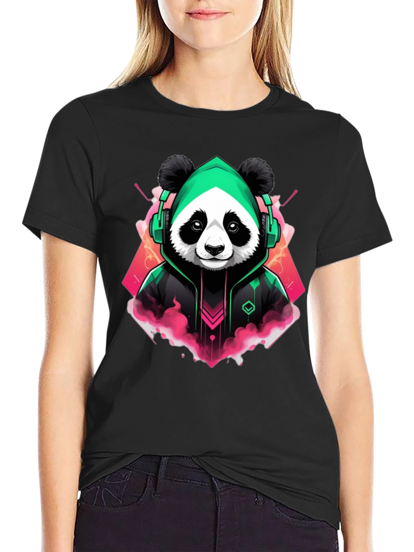 Cool Panda Gamer Graphic Tee - Black Cotton Blend