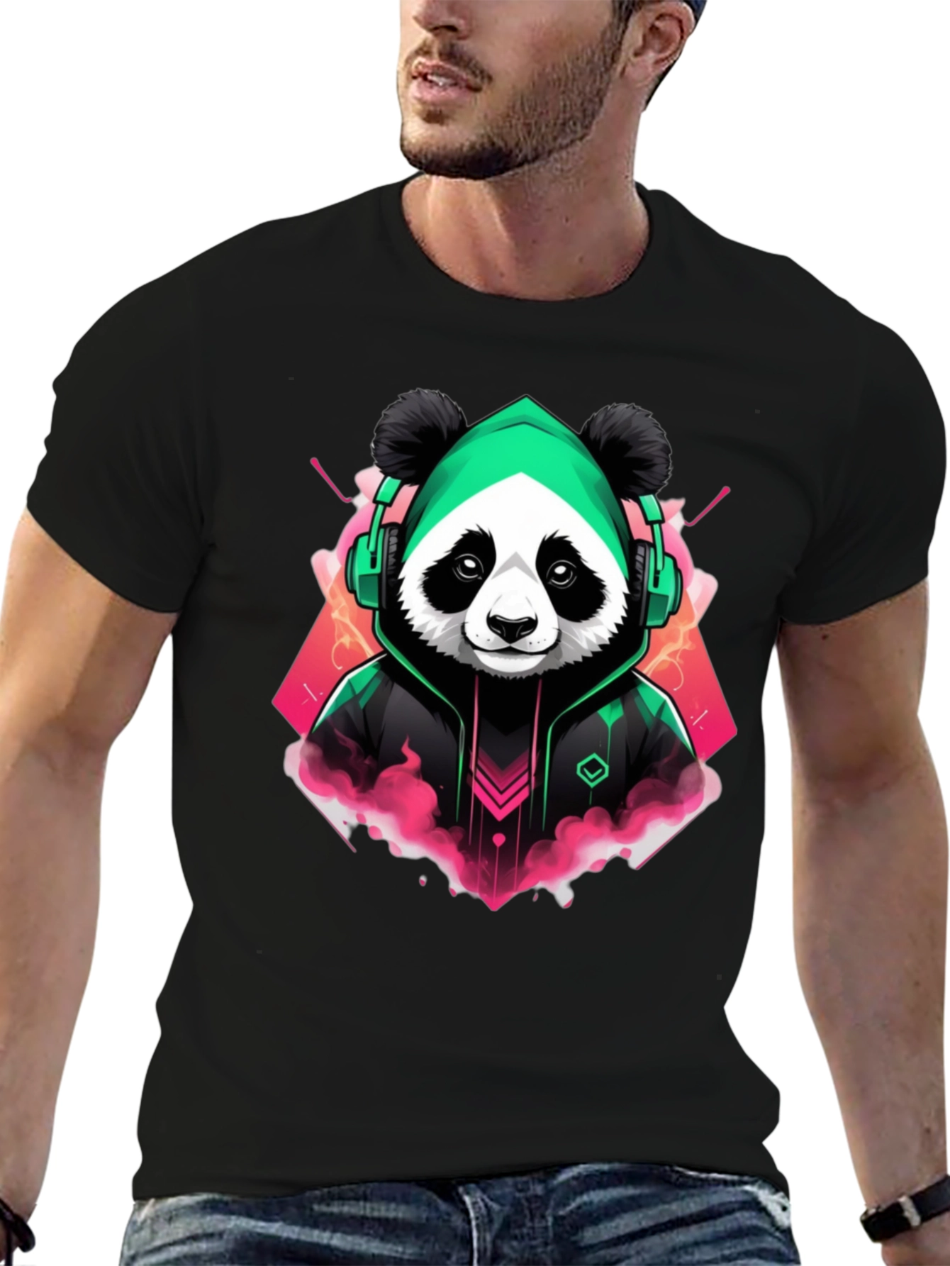 Cool Panda Gamer Graphic Tee - Black Cotton Blend