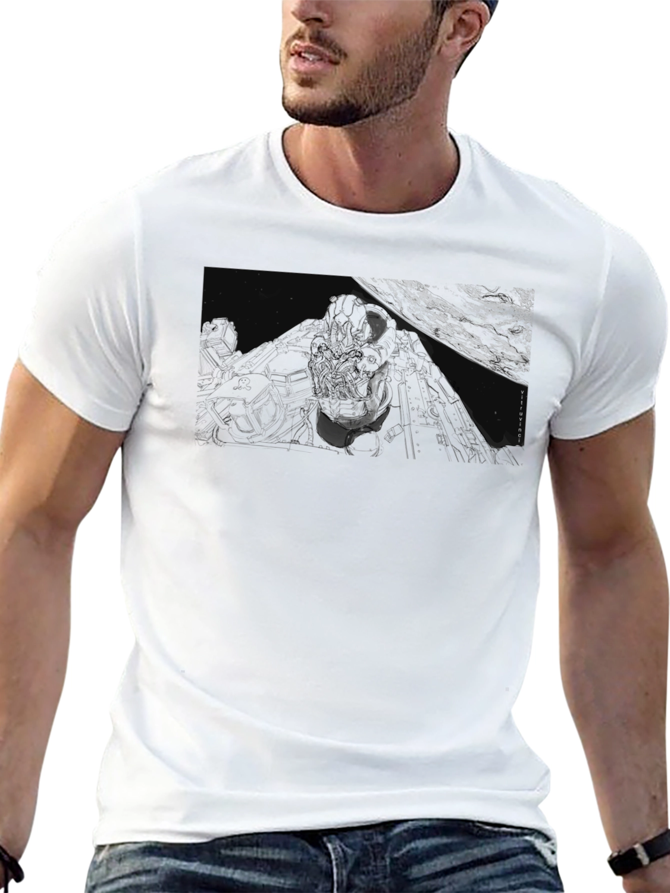 Graphic Print Black T-Shirt - Space Scene
