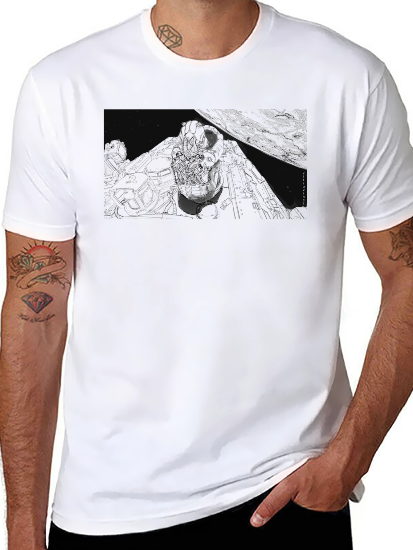 Graphic Print Black T-Shirt - Space Scene