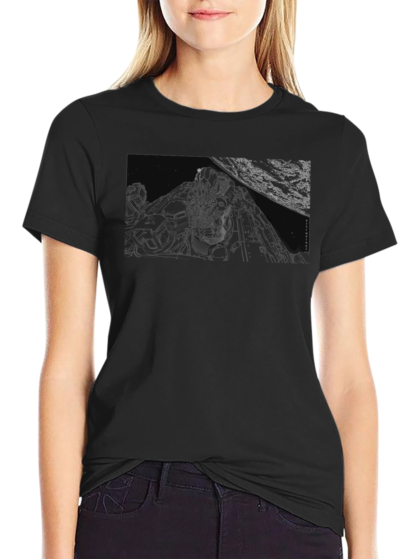 Graphic Print Black T-Shirt - Space Scene