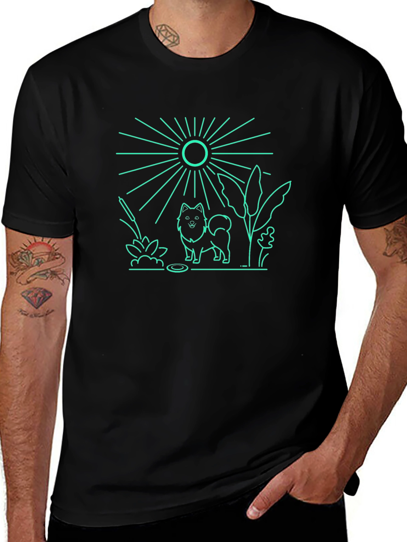 Dog & Sun Graphic Tee - Black Cotton T-Shirt