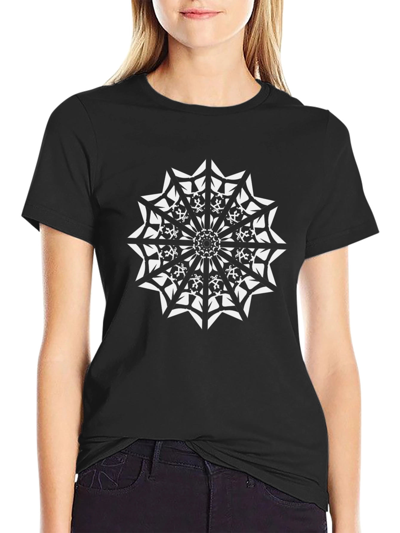 Black T-Shirt with White Geometric Mandala Design