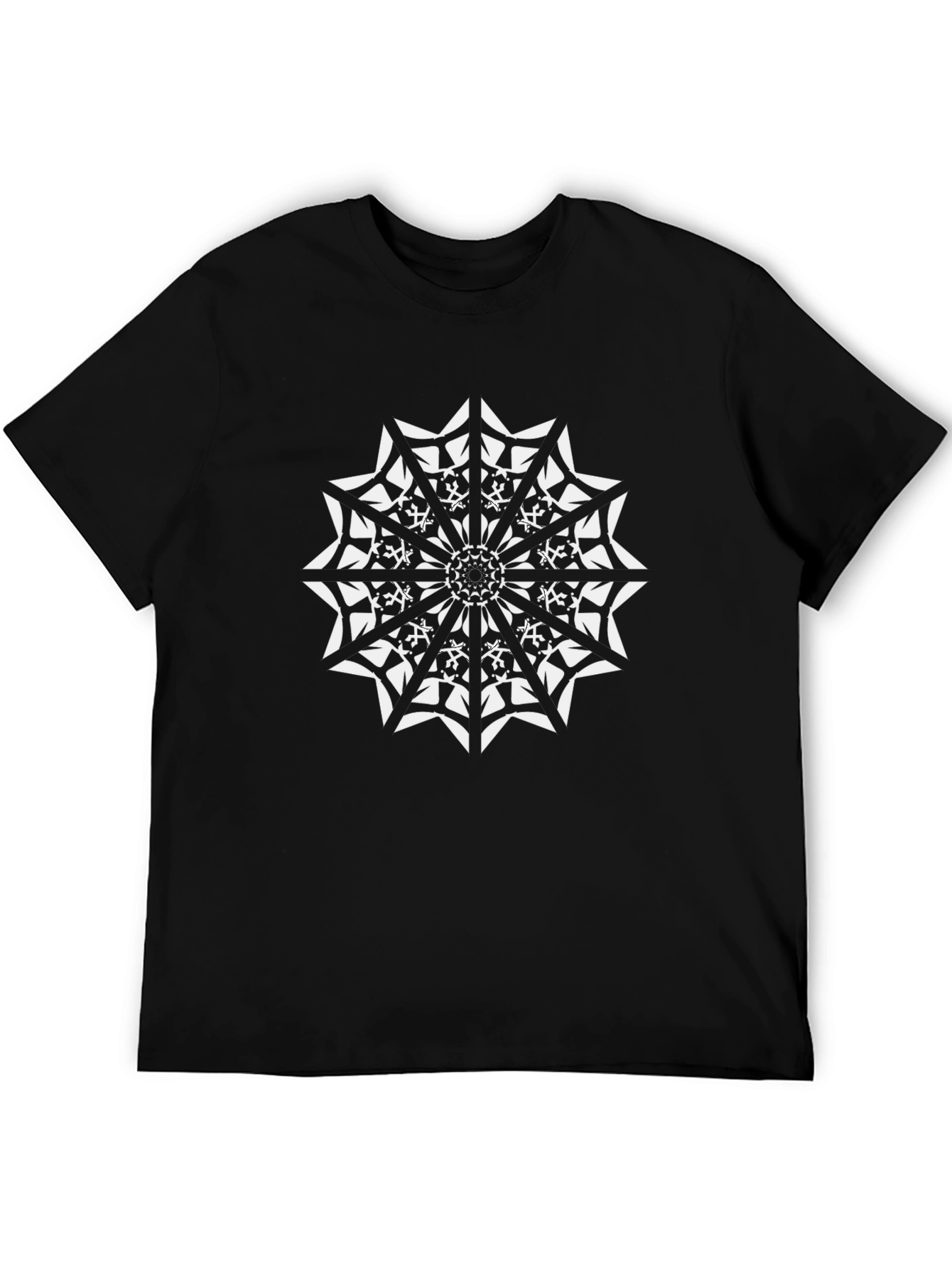 Black T-Shirt with White Geometric Mandala Design