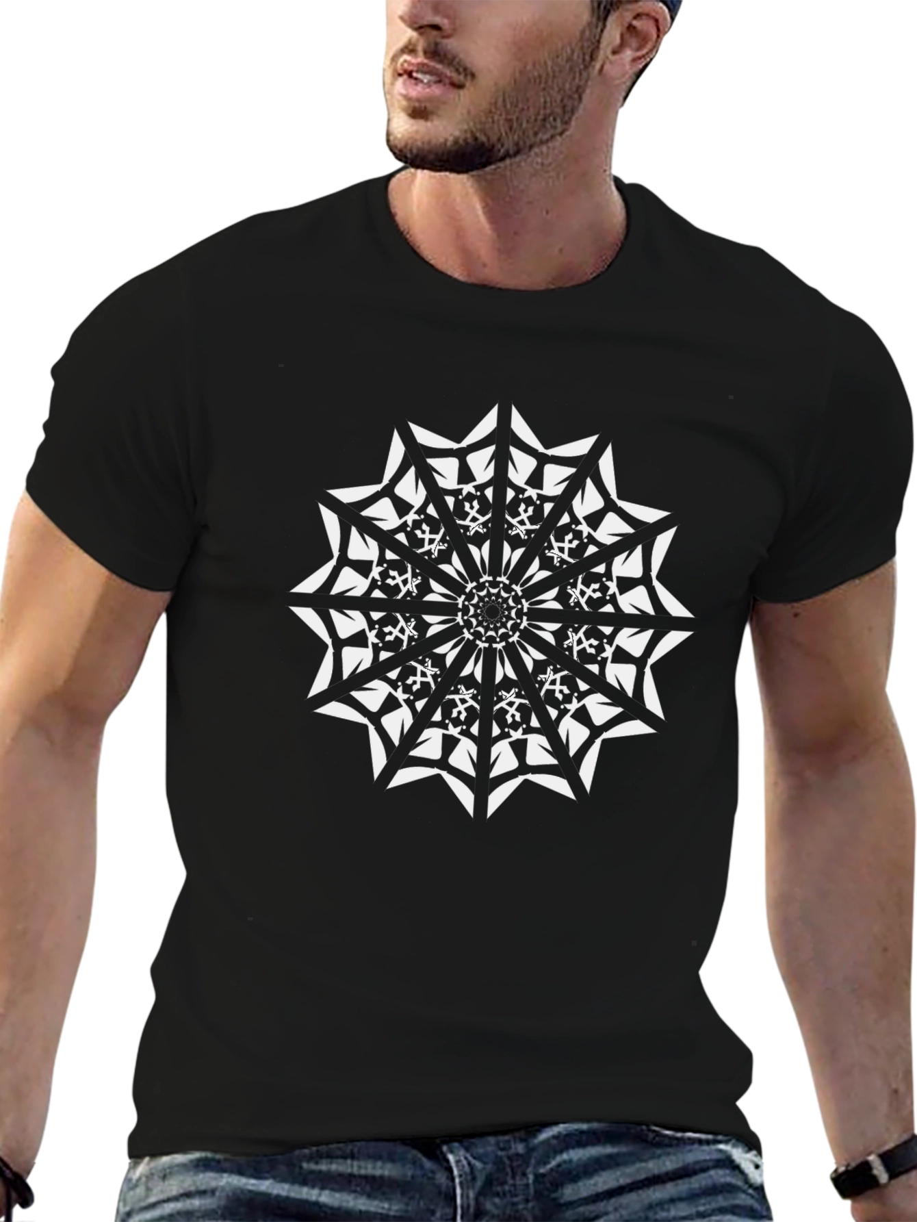 Black T-Shirt with White Geometric Mandala Design