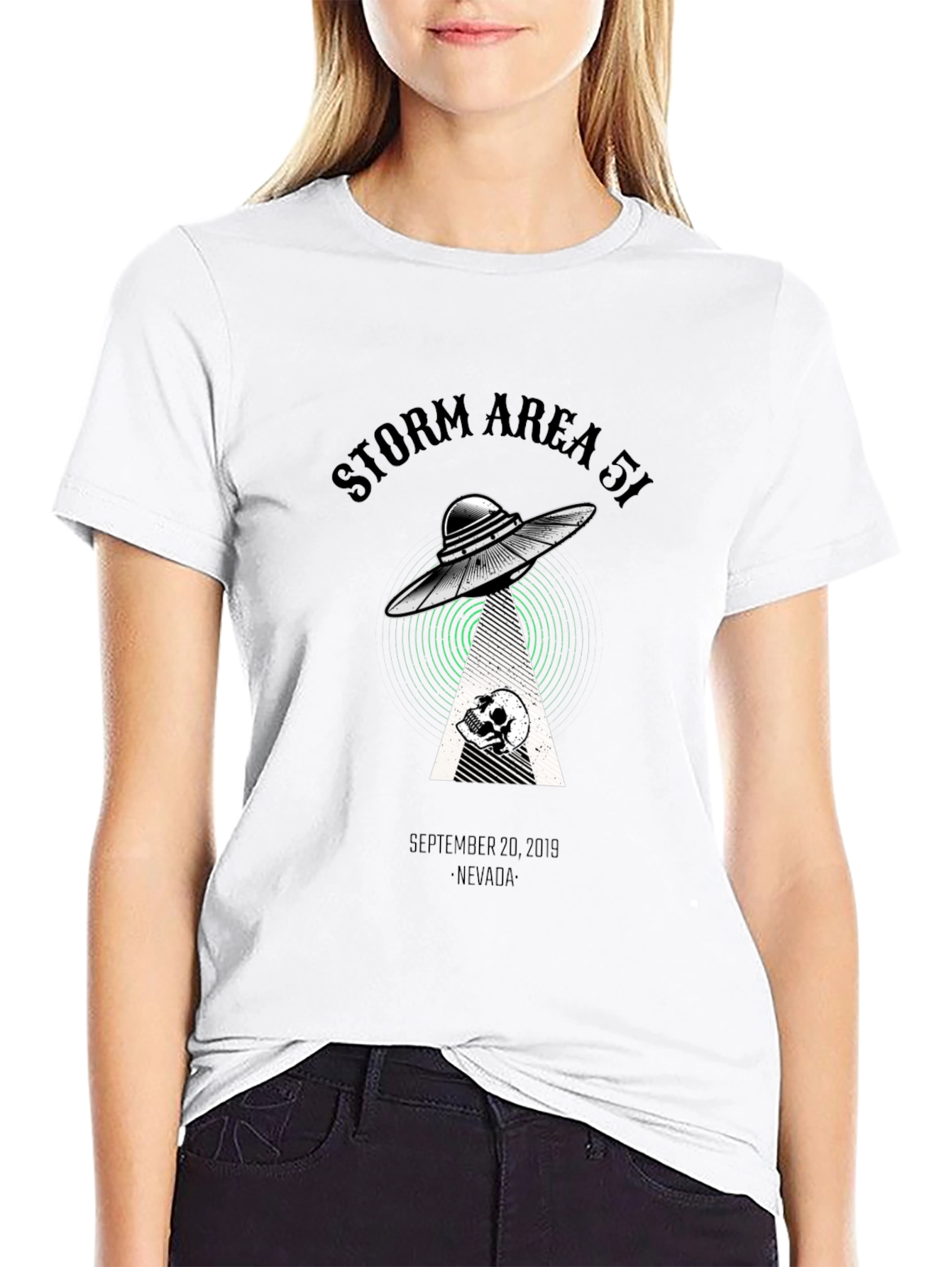 Storm Area 51 T-Shirt Alien UFO Skull