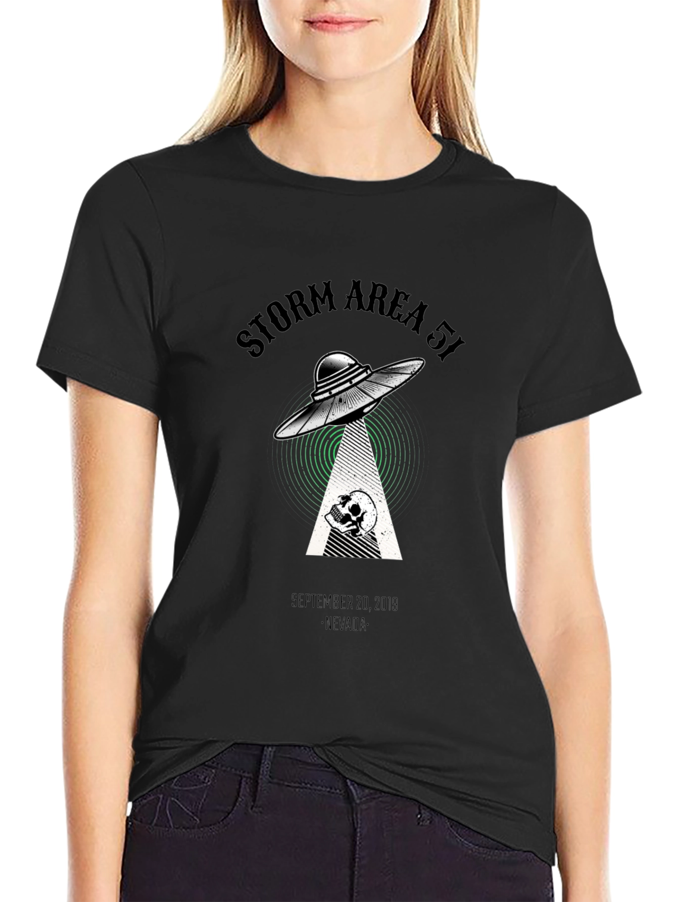 Storm Area 51 T-Shirt Alien UFO Skull