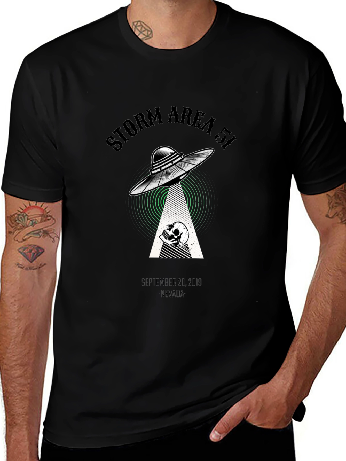 Storm Area 51 T-Shirt Alien UFO Skull