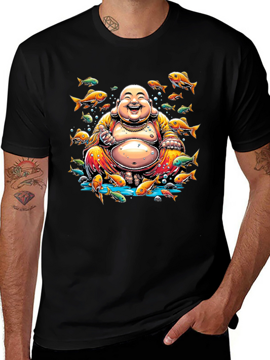 Laughing Buddha Fish Graphic Black T-Shirt