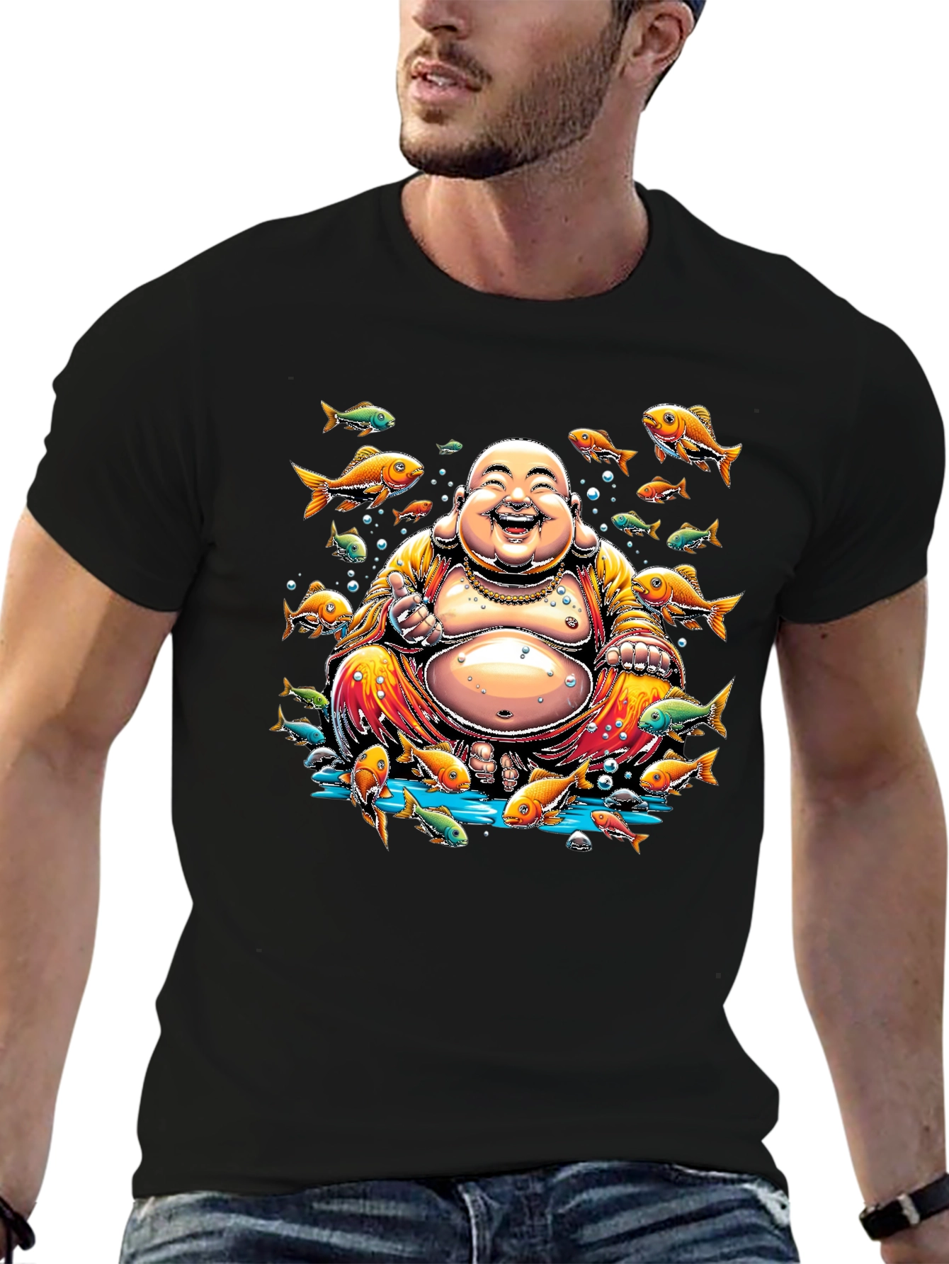 Laughing Buddha Fish Graphic Black T-Shirt